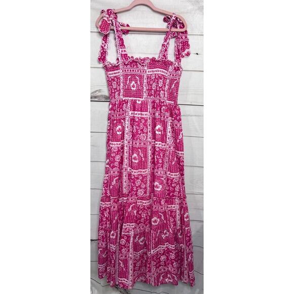 Crown & Ivy Maxi Pink White Print Tie Sleeves Size Large Dress - Picture 2 of 5